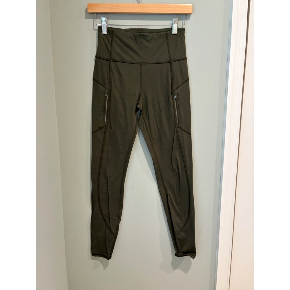 Athleta Rainier Tight High Rise Leggings Dark Olive Green XS Zip Pockets Warm